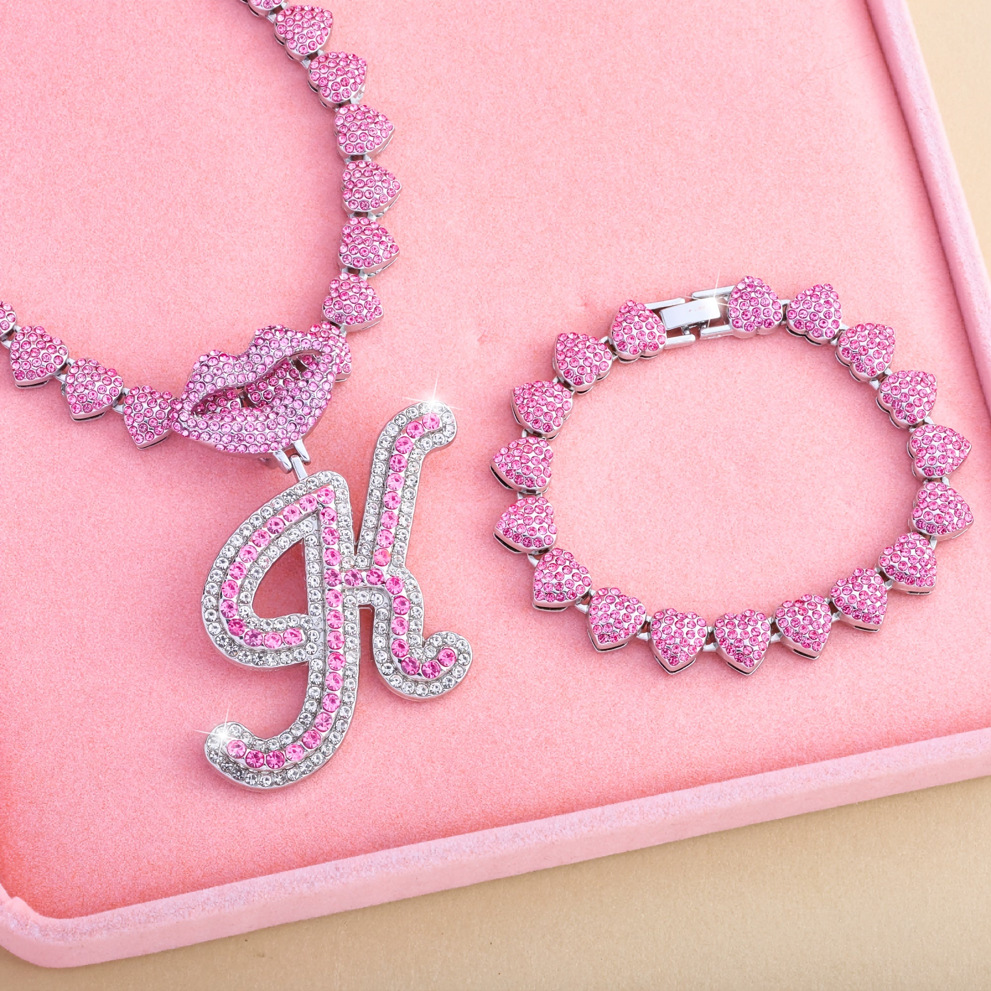 Hip Hop Y2K Style Pink Sexy Lips Pendant Necklace and Bracelet Set, A-Z Initials, Rhinestone Inlay, Zinc Alloy, Perfect for Daily Wear or Parties, Ideal Valentine's Day Gift for Men and Women, Hip Hop Jewelry